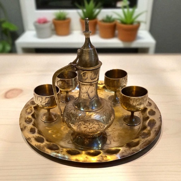 Vintage Brass Tea Set, Four Goblets, Numbered Abdullah Tray Etched Floral - Picture 9 of 9